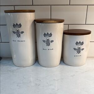 Rae Dunn Cream Ceramic Canister Set with bee & crowns